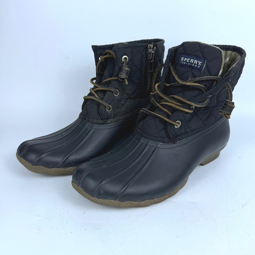 Sperry Saltwater Duck Boot Women 7 Black Quilted Nylon Ankle Rain Boot Classic